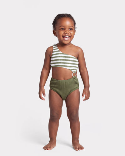 Toddler Girl Colorblock Stripe One Piece One Shoulder Swimsuit Army green