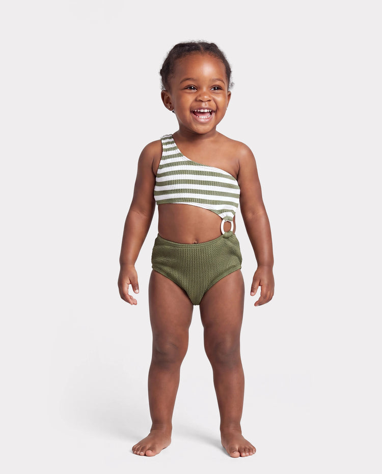 Toddler Girl Colorblock Stripe One Piece One Shoulder Swimsuit Army green