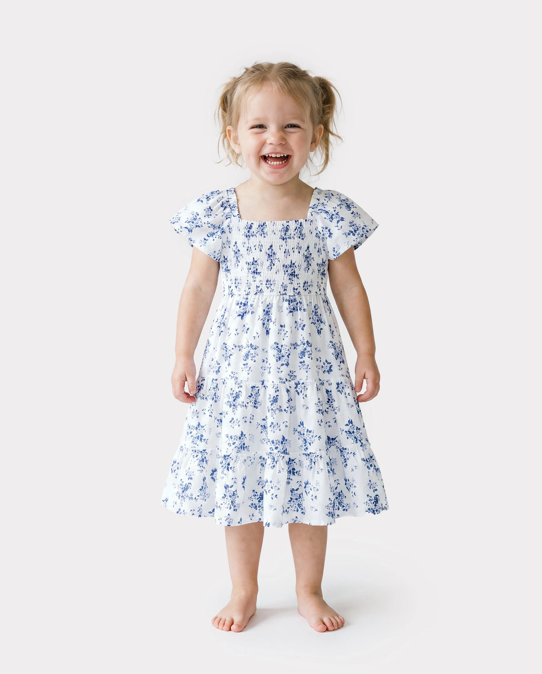 Toddler/Kid Girl Floral Smocking Shirred Casual Dress BLUEWHITE