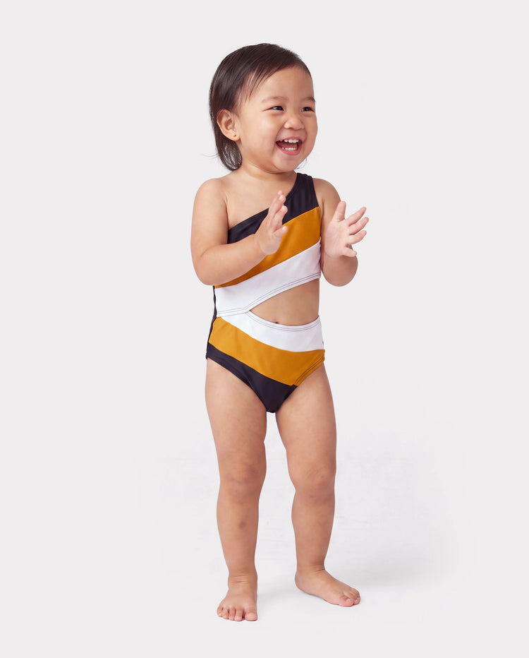 Toddler Girl Colorblock Cut Out Waist One-Shoulder One-piece Swimsuit Multi-color