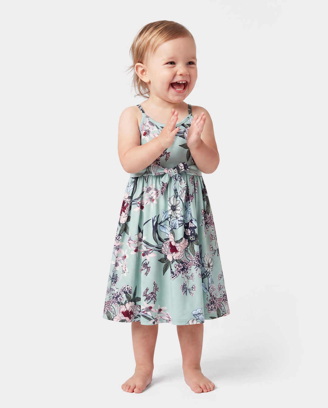 Toddler/Kid Girl Sets Flora Print Strap Belted Dress Light Green