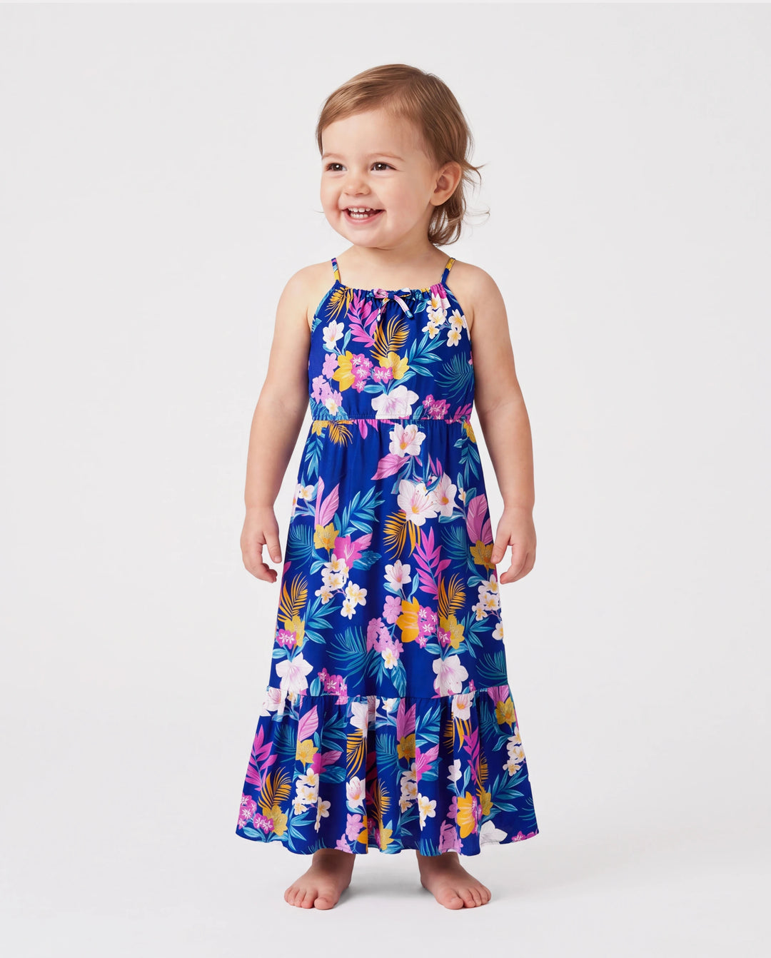 Toddler/Kid Girl Hawaiian Outfits Tropical Floral Print Strap Dress for Vacation Deep Blue