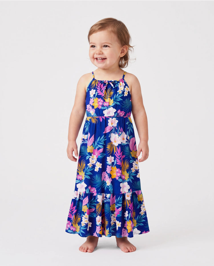 Toddler/Kid Girl Hawaiian Outfits Tropical Floral Print Strap Dress for Vacation Deep Blue