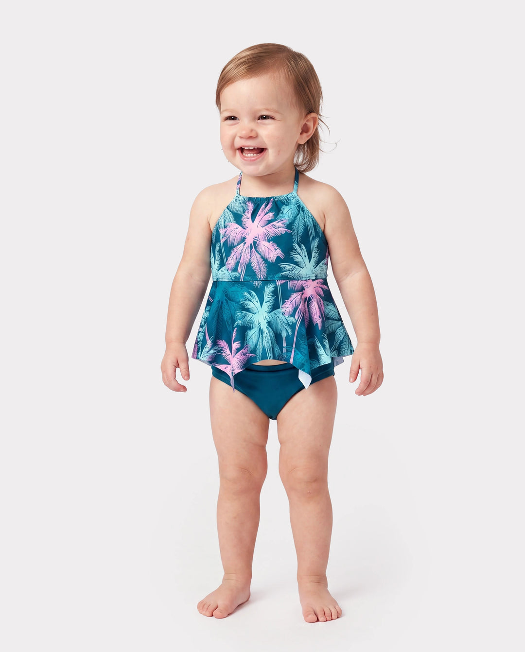 Toddler Girl Swimsuits Tropical Palm Tree Print Ruffle two-piece Swimsuit, Beach Vacation Swimwear Turquoise