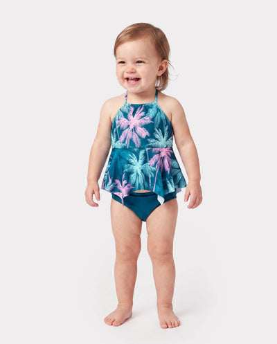Toddler Girl Swimsuits Tropical Palm Tree Print Ruffle two-piece Swimsuit, Beach Vacation Swimwear Turquoise