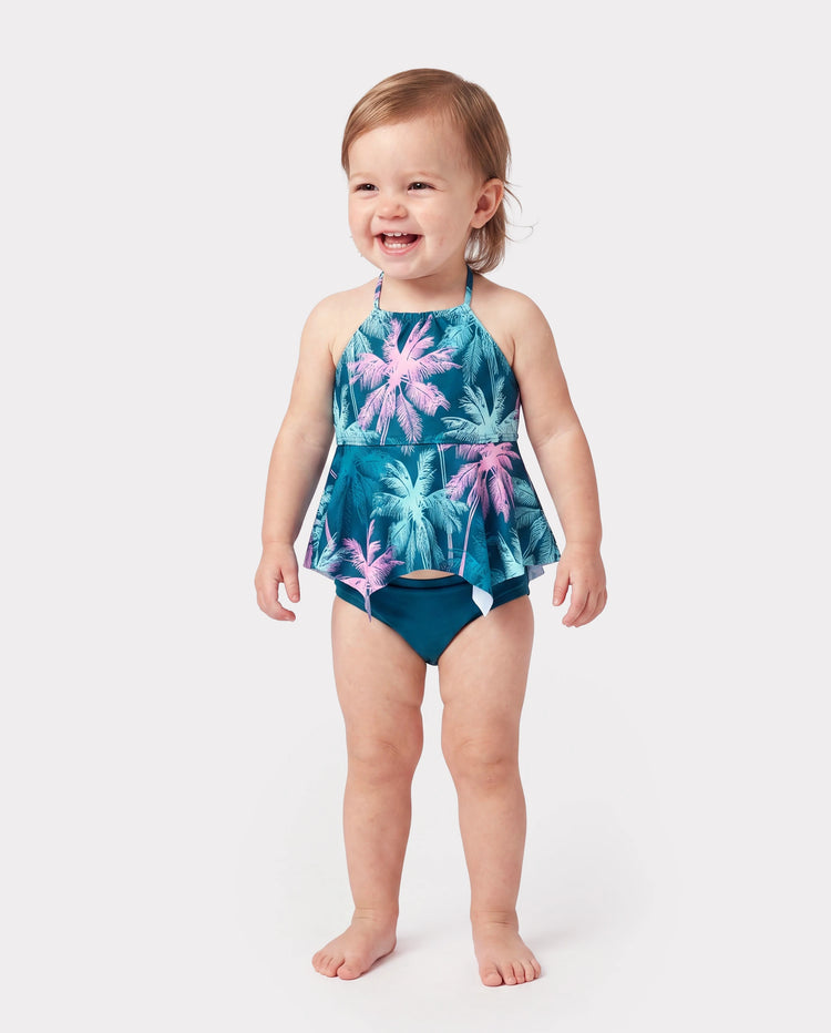 Toddler Girl Swimsuits Tropical Palm Tree Print Ruffle two-piece Swimsuit, Beach Vacation Swimwear Turquoise