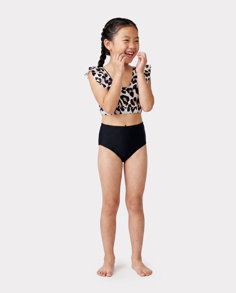 Bikini de dos piezas con falda para niña pequeña con estampado de leopardo, cuello con volantes y cordón negro