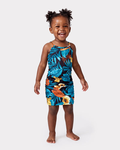 Kleinkinder/Mädchen Floral-Panel T-Shirt und Kleid-Set mit gerafftem Kordelzug an der Seite Schwarz