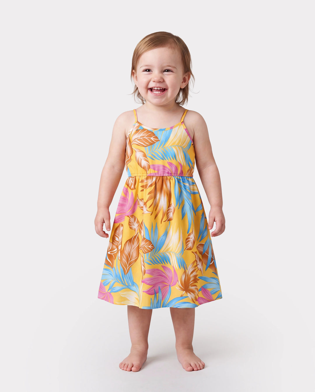 Toddler/Kid Girl Yellow Set Tropical Leaf Print Strap Dress Yellow