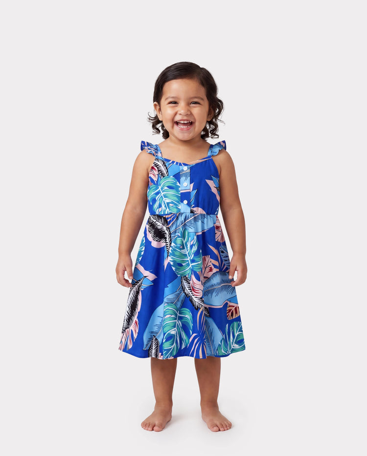 Toddler/Kid Girl Tropical Dress – Blue Floral Print, Perfect for Summer Vacations and Family Photos Blue