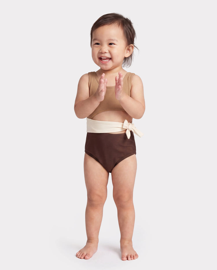 Toddler Girl Color Block Swimsuits, Summer Beach Vacation Swimwear Coffee