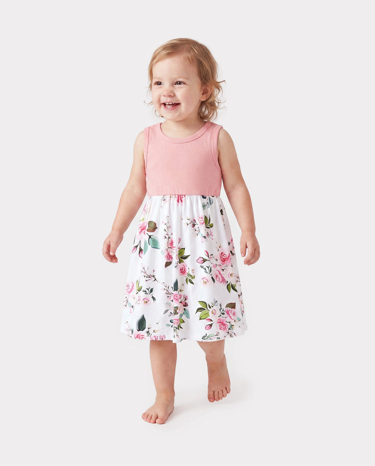 Toddler/Kid Girl Pink Sleeveless Splicing Floral Print Midi Dresses Pink