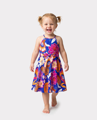 Toddler/Kid Girl Hawaiian Outfits Tropical Floral Print Vacation Clothes Strap Belted Dress Summer Beachwear Set Navy