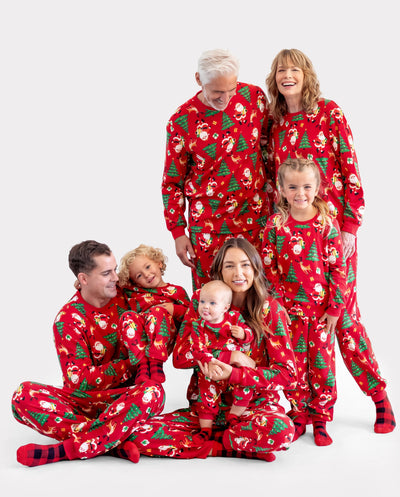 Christmas Matching Family Pajamas Set Santa Claus and Christmas Tree Print Red Fleece PJS with Christmas Socks Red