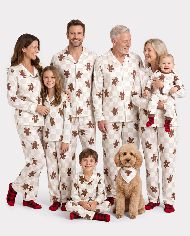 Christmas Matching Family Pajamas Set Block checkered Gingerbread Print PJS with Christmas Socks Khaki