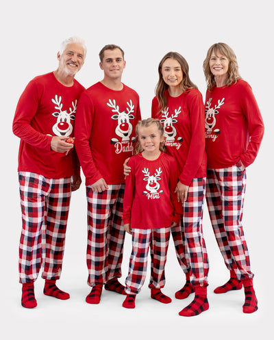 Christmas Matching Family Pajamas Set Glow In The Dark Reindeer Print PJS with Christmas Socks Red