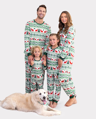 Christmas Matching Family Pajamas Fair Isle & Reindeer Print Green