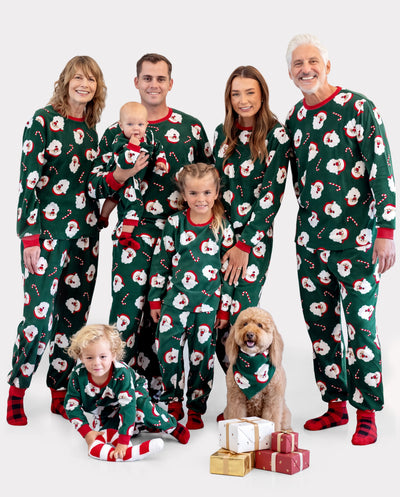Christmas Matching Family Fleece Pajamas Set Santa Claus and Candy Cane Print PJS with Christmas Socks Dark Green