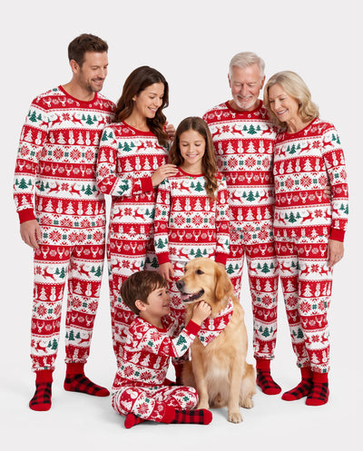 Christmas Matching Family Pajamas Set Reindeer and Snowman Print Red Long-sleeve PJS with Christmas Socks Red