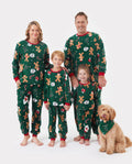 Pijama navideño familiar a juego de polar con hombrecito de jengibre, manga larga y calcetines navideños, color verde oscuro