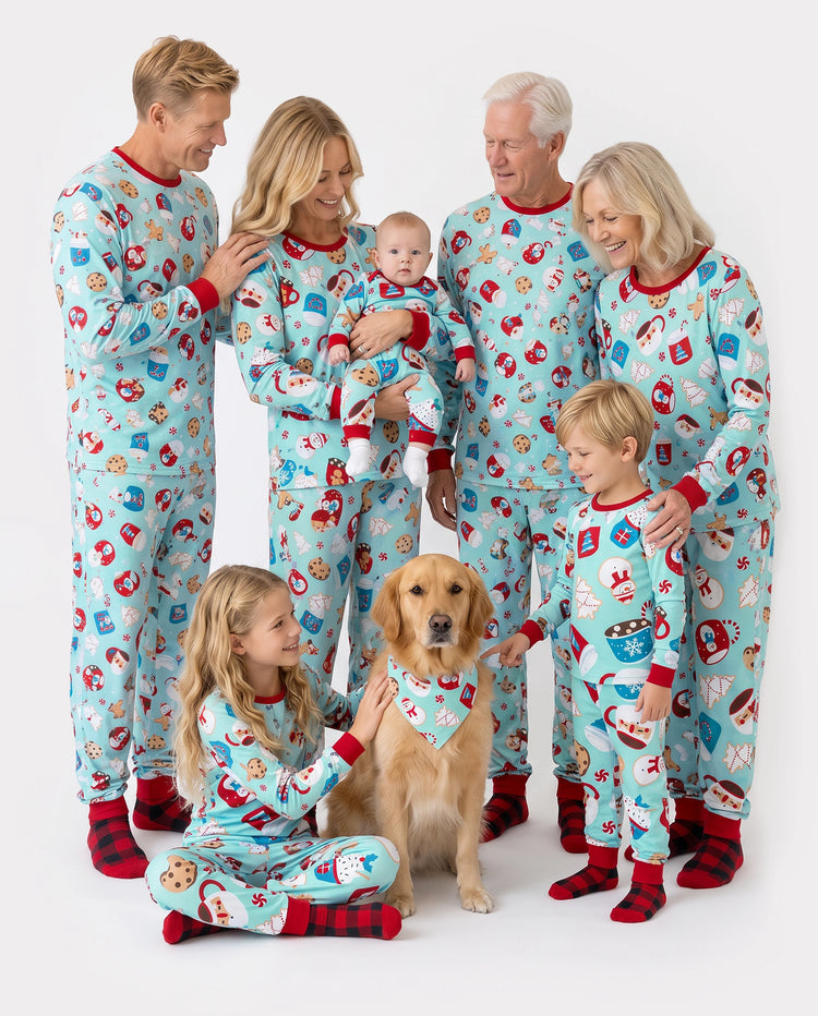 Christmas Matching Family Pajamas Set Gingerbread Print Blue and Red PJS with Christmas Socks Light Blue