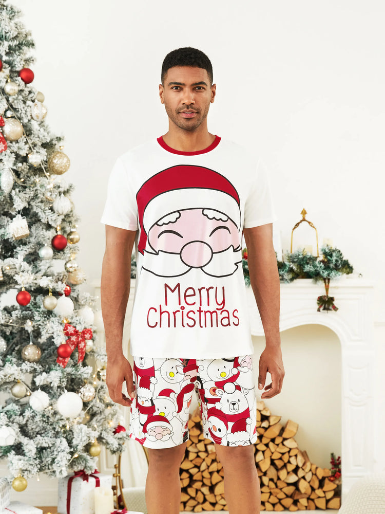 Ensemble pyjama assorti pour toute la famille, imprimé Père Noël et bonhomme de neige, haut à manches courtes et short, blanc