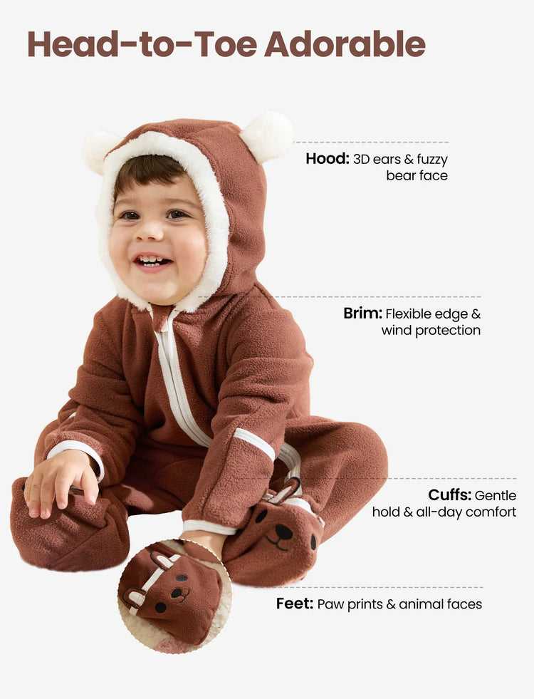 Unisex Jumpsuit 3D Hyper-Tactile Infant Outfit 2-way Onesies with Animal Pattern Brown