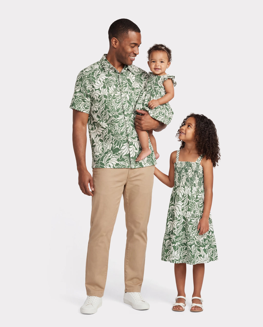 Daddy & Daughter Leaf Print Short-sleeve Shirt or Halter Dress Green Set Green