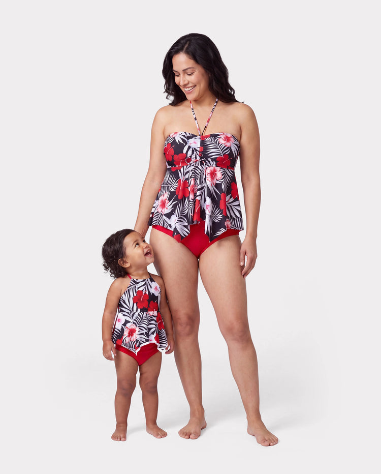 Mommy & me Tropical Floral 2 Pieces Halter Swimsuit Black