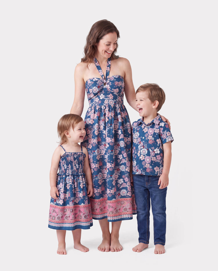 Mommy & me outfits Floral Allover Print Short-sleeve Collar Shirt or Halter Sleeveless Dress for Summer Vacation CYAN-