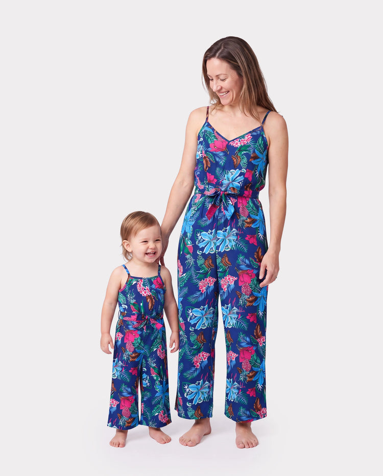 Matching Family Floral Print Sleeveless Cami Jumpsuit for Mommy & Me Deep Blue