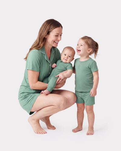 Mommy & me Bamboo Pajamas Buttery Soft Bamboo Viscose PJs for Men Women Kids Toddler Baby, Solid Color Short Sleeve Shirt & Shorts Sleepwear Green