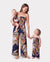 Family Matching Tropical Floral Print Smocked Top Strap Wide-Leg Jumpsuits for Mommy and Me Deep Blue