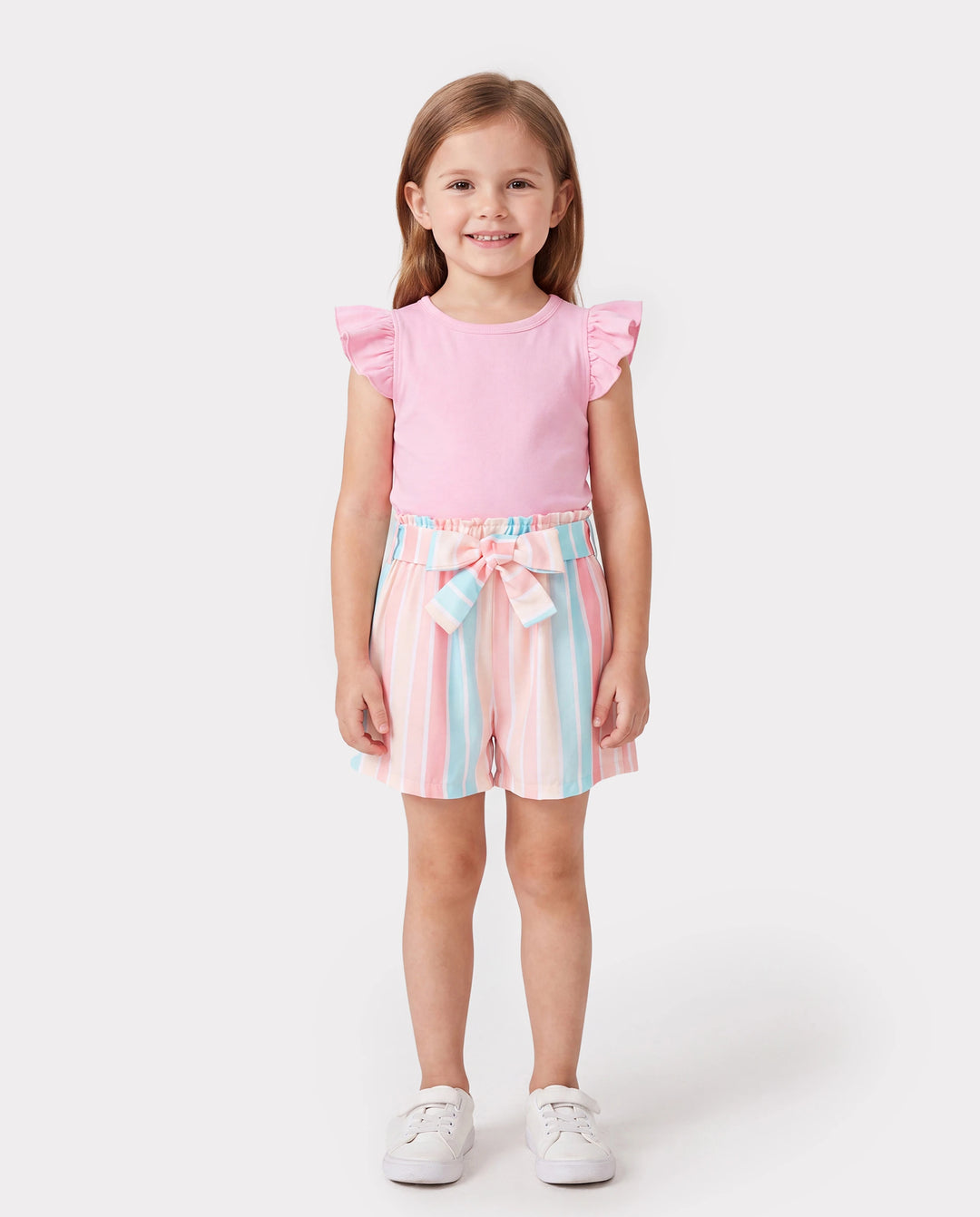2pcs Toddler Girl Sweet Flutter-sleeve Tee and Stripe Belted Shorts Set Pink