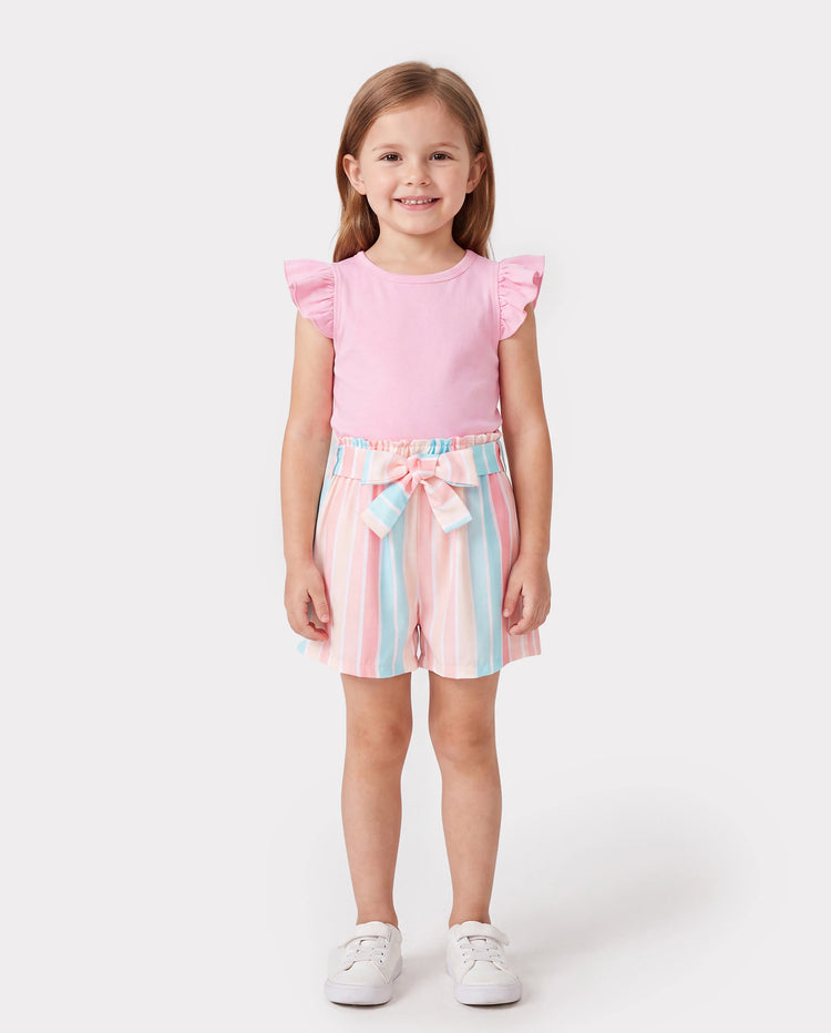 2pcs Toddler Girl Sweet Flutter-sleeve Tee and Stripe Belted Shorts Set Pink