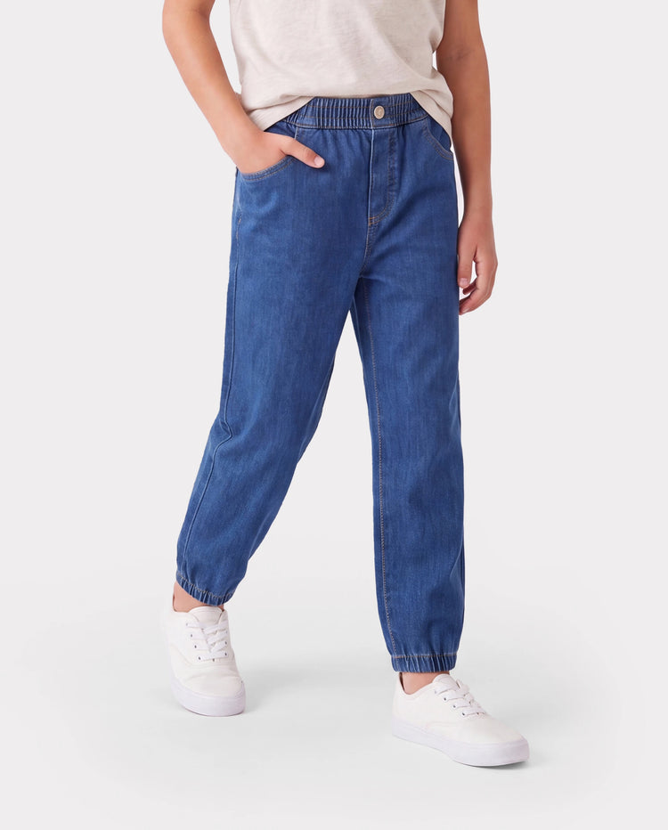 Pantalones vaqueros para niños con cintura elástica, suaves, elásticos y cómodos, para uso diario, con bolsillos, color azul oscuro