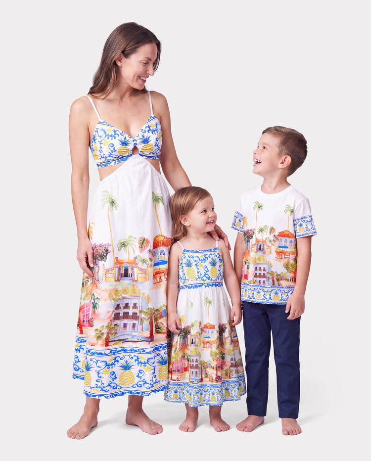Mommy & me Vacation Set Tropical Pineapple Coconut Tree Print Short-sleeve T-shirt or Hollow out Strap Dress for Summer Vacation White