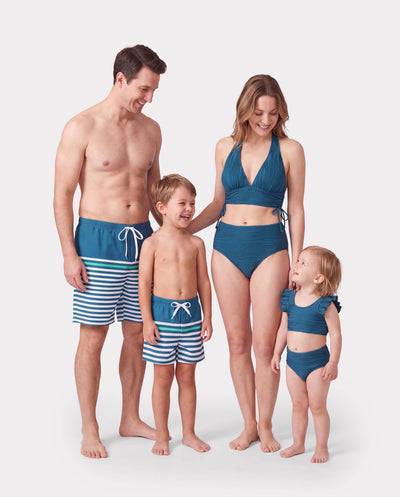 Family Matching Teal Striped Swimsuits Ruched Bikini & Swim Trunks Set Multi-color