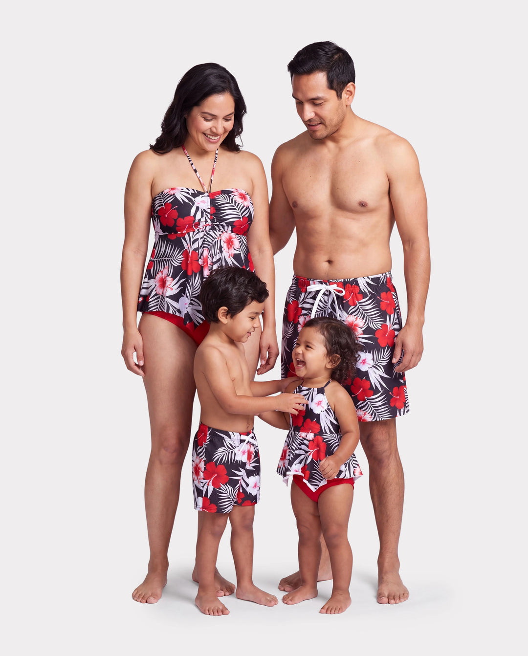 Family Matching Tropical Floral Swim Trunk or 2 Pieces Halter Swimsuit Black