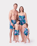 Family Matching Swimsuits Tropical Palm Tree Print, Mommy and Me Ruffle two-piece Swimsuit, Daddy and Son Swim Trunks Set, Beach Vacation Swimwear Turquoise