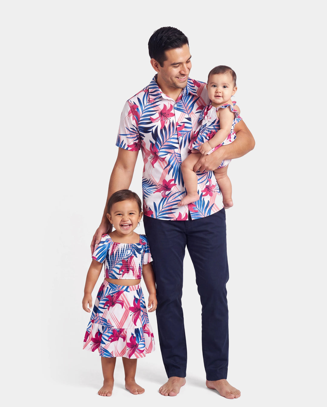 Daddy & Daughter Tropical Floral Outfits Pink Blue Leaf Print Short-sleeve Shirt or One Shoulder Smocked top and Skirt Co-ord Set for Vacation, Cruise, Beach White