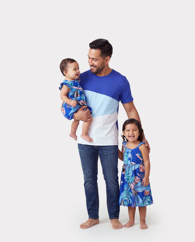 Daddy & Daughter Tropical Dress & T-shirt Set – Blue Floral Print for Dad, Mom, Girls & Baby, Perfect for Summer Vacations and Family Photos Blue