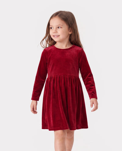 Christmas Sweet Toddler Girl Solid color Velvet material Dress Set Red
