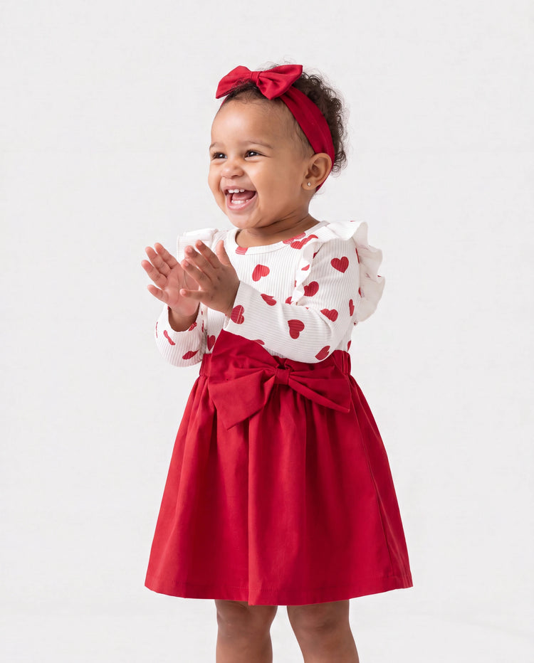 Ensemble 2 pièces pour bébé fille, robe en forme de cœur et nœud, rouge