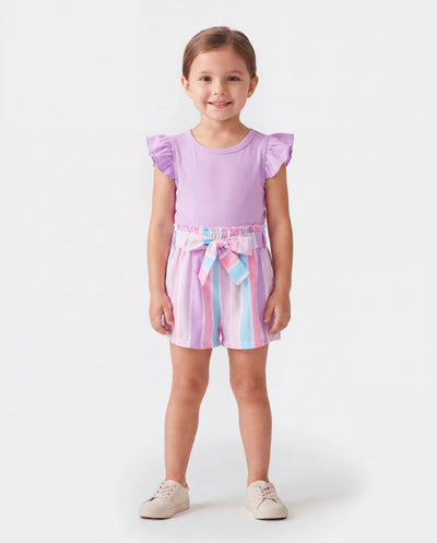 2pcs Kleinkind Mädchen Süße Flutter-Ärmel T-Shirt und Streifen Gürtel Shorts Set helles lila
