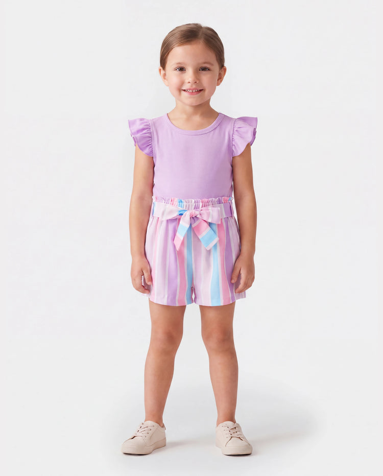 2pcs Toddler Girl Sweet Flutter-sleeve Tee and Stripe Belted Shorts Set Light Purple