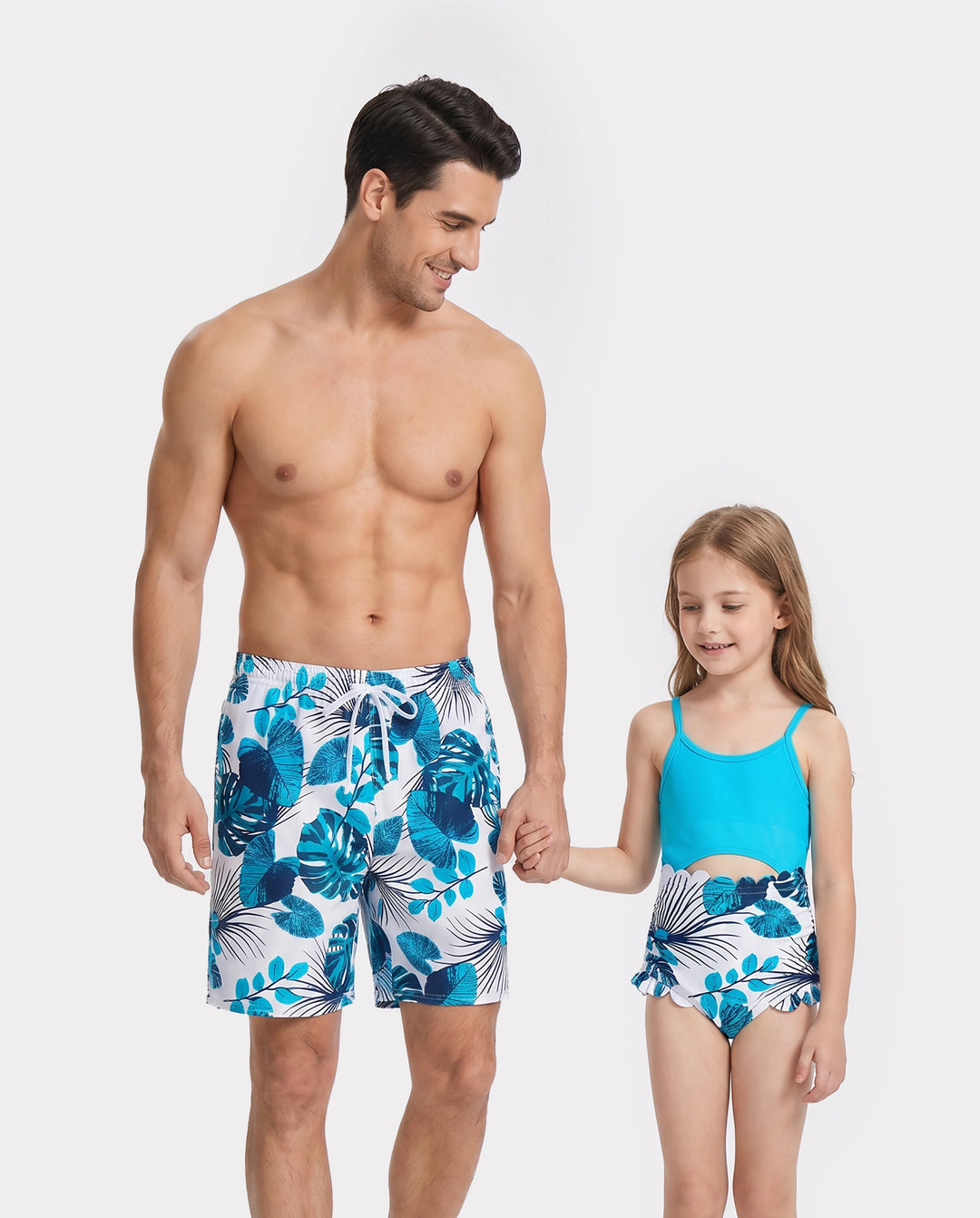 Ensembles papa et fille Maillots de bain short à cordon ou maillot une-pièce dos en dentelle découpée BLEU BLANC