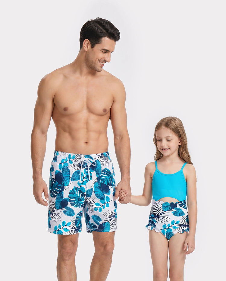 Ensembles papa et fille Maillots de bain short à cordon ou maillot une-pièce dos en dentelle découpée BLEU BLANC