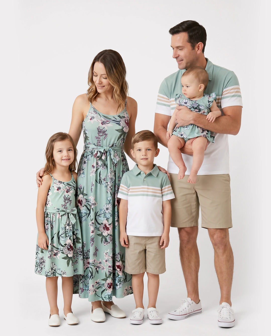 Family Matching Sets Green Striped Polo Shirt or Flora Print Strap Belted Dress Light Green