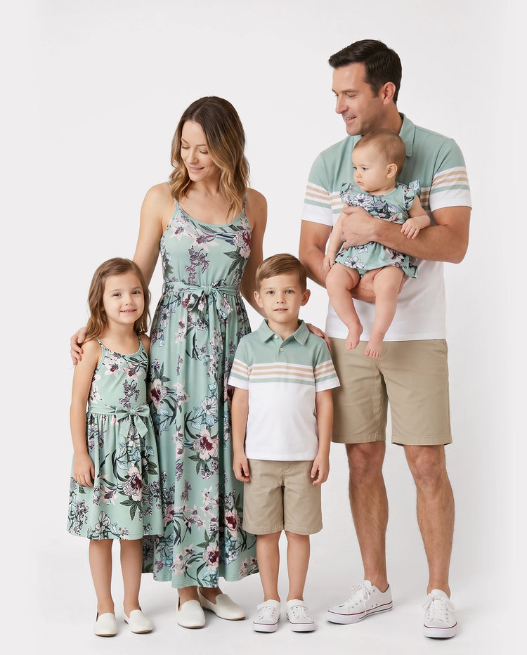 Ensembles familiaux assortis : polo rayé vert ou robe ceinturée à bretelles et imprimé floral vert clair